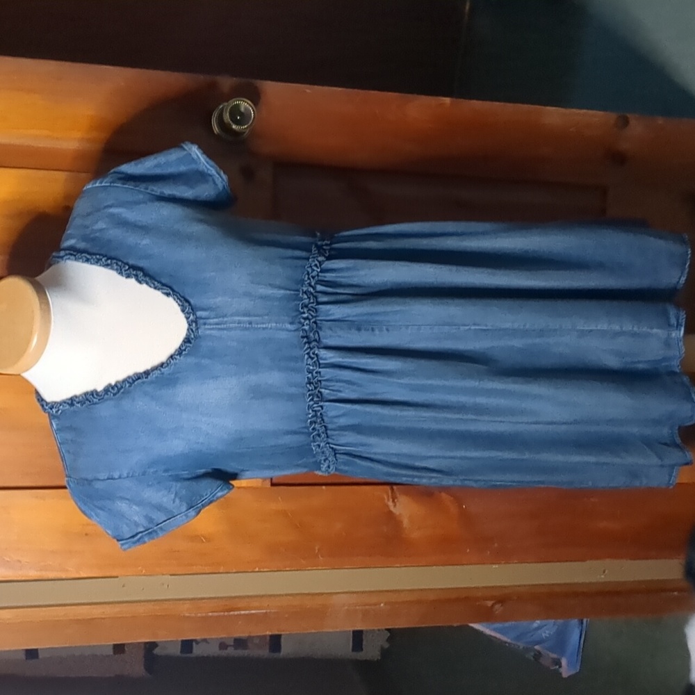 VELVET HEART* lightweight denim hi lo dress with ruffle detailing on neck/middle